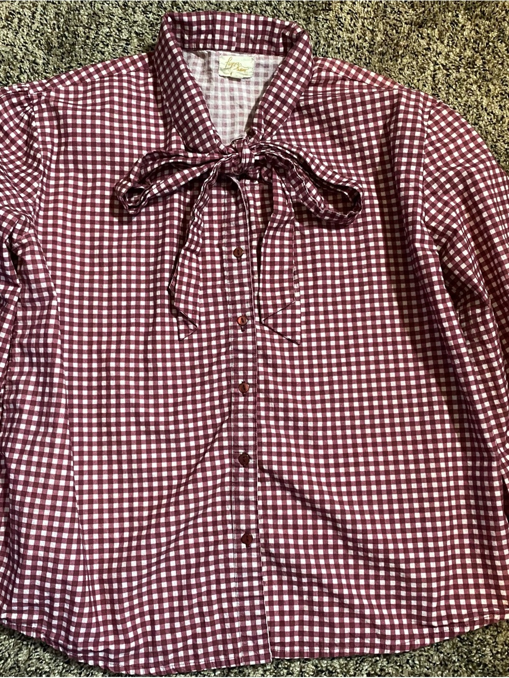 Layerz Clothing Gingham Bow-Tie Button Front Blouse in Maroon and White
